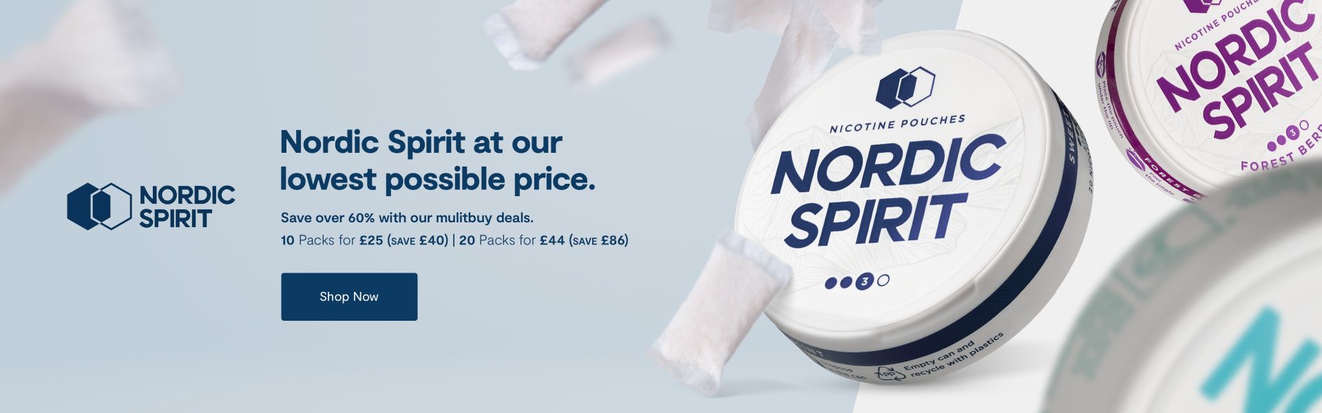 Nordic Spirit your favourite nicotine pouches at the lowest price, with multibuy deals: 10 packs for £25 and 20 packs for £44. A 'Shop Now' button. The design features product cans and floating nicotine pouches on a light blue background.